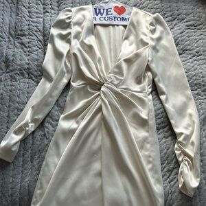 White Satin Long-Sleeve Twist Mini Dress